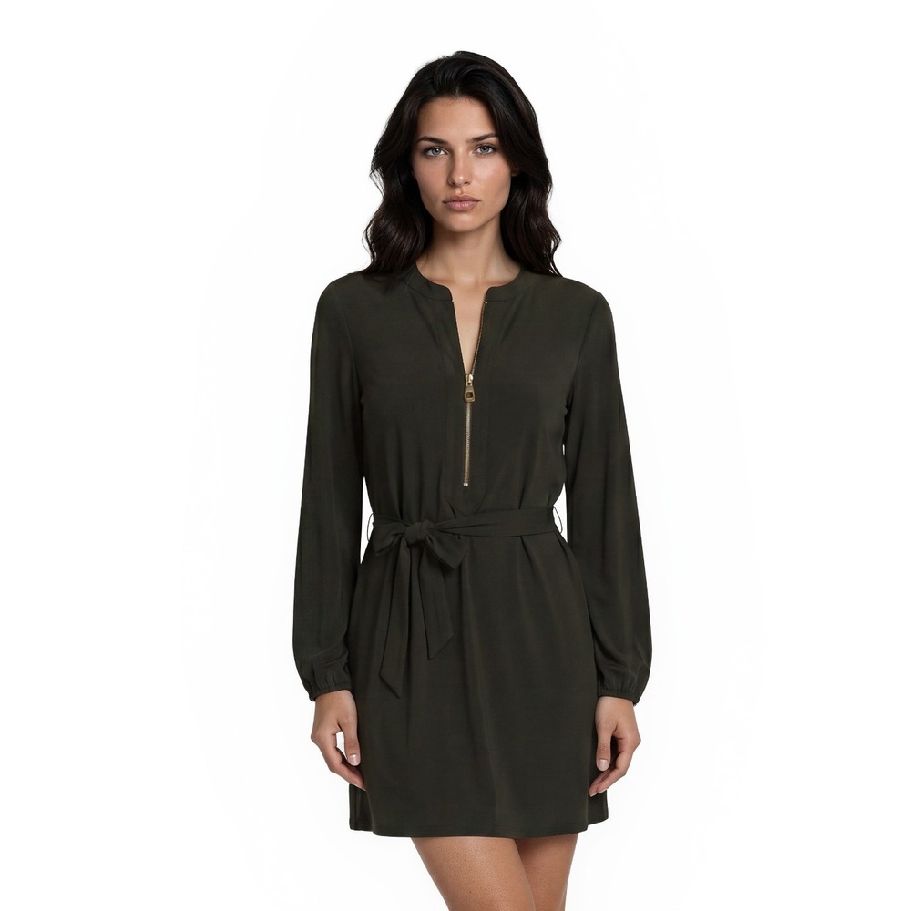 NEW Michael Kors Dress Women's Size Large Olive Green Half Zip Tie Waist‎ L/S